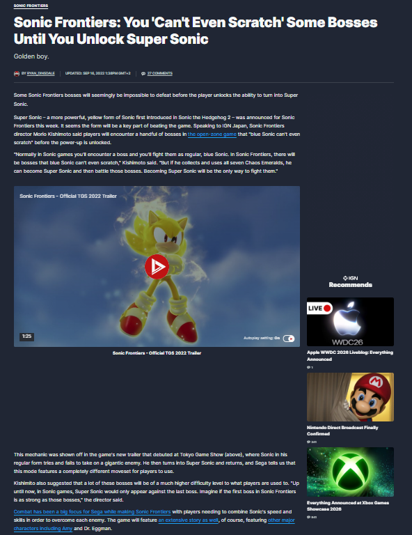 IGN Articles: Sonic Frontiers Super Sonic Details Bosses