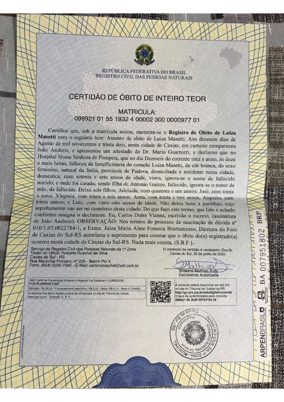 Luiza Masetti - Certidão de Óbito