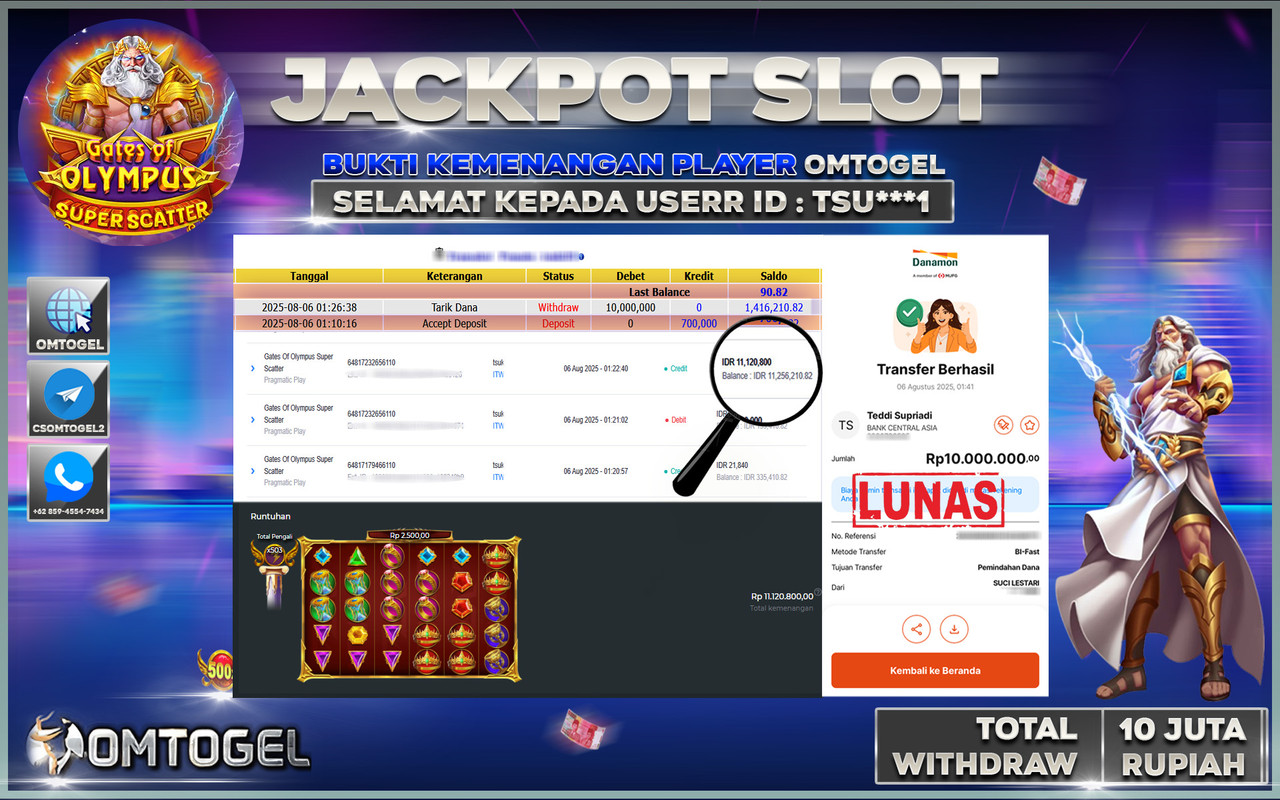 OMTOGEL JACKPOT PRAGMATIC PLAY GATES OF OLYMPUS SUPER SCATTER 10 JUTA DI BAYAR LUNAS ,-