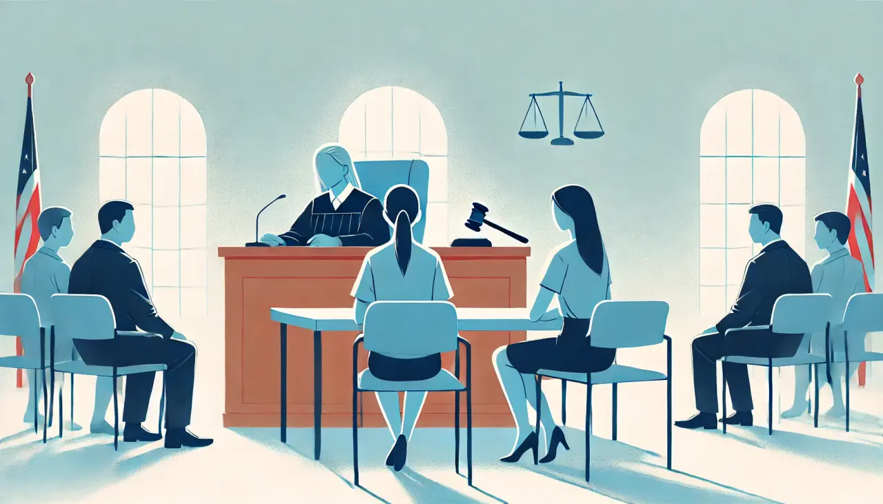 Courtroom scene with judge sentencing woman for her role in a surrogacy financial scam.