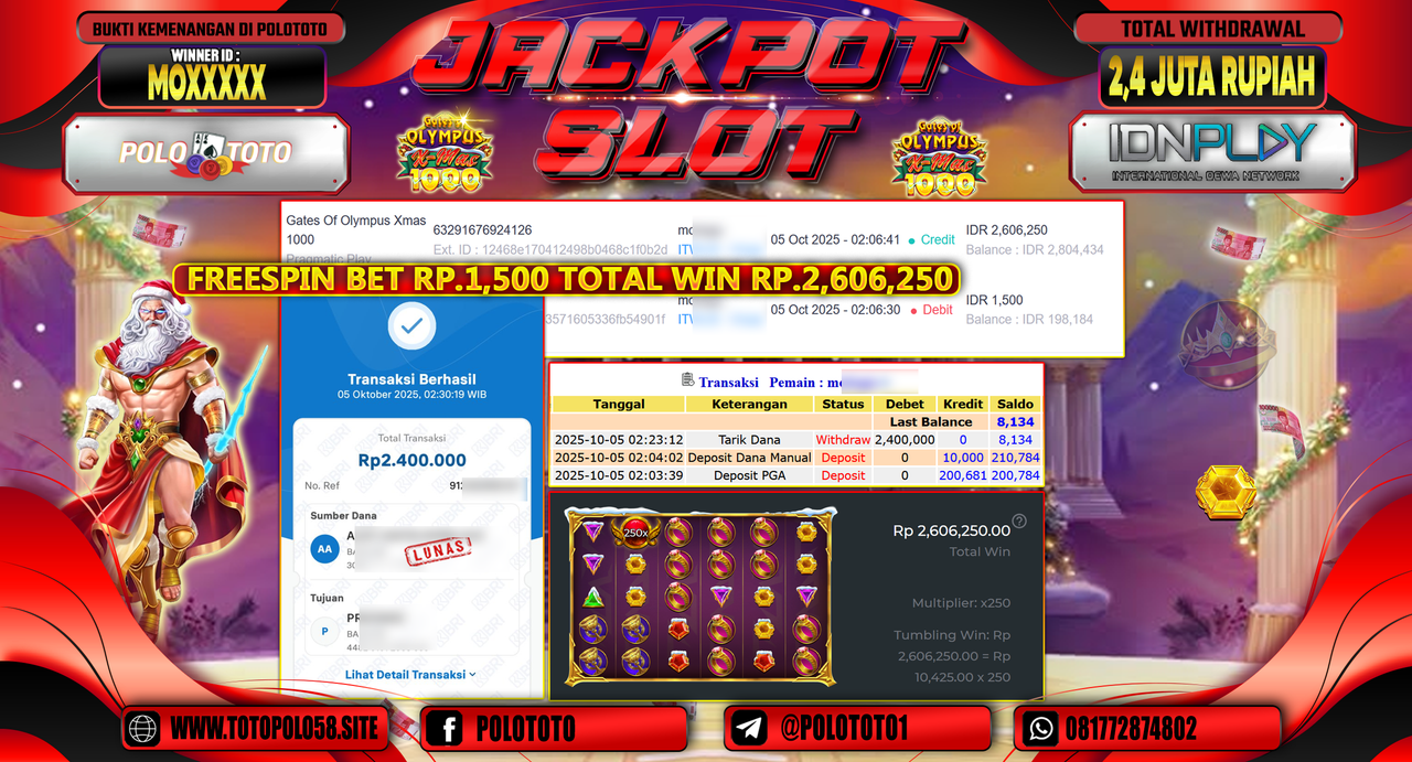POLOTOTO JACKPOT SLOT GATES OF OLYMPUS XMAS 1000 Rp.2.400.000,- LUNAS