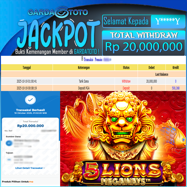 JACKPOT DI PERMAINAN SLOT 5 LIONS MEGAWAYS WD Rp 20.000.000,- DIBAYAR LUNAS GARDATOTO MANTAP !