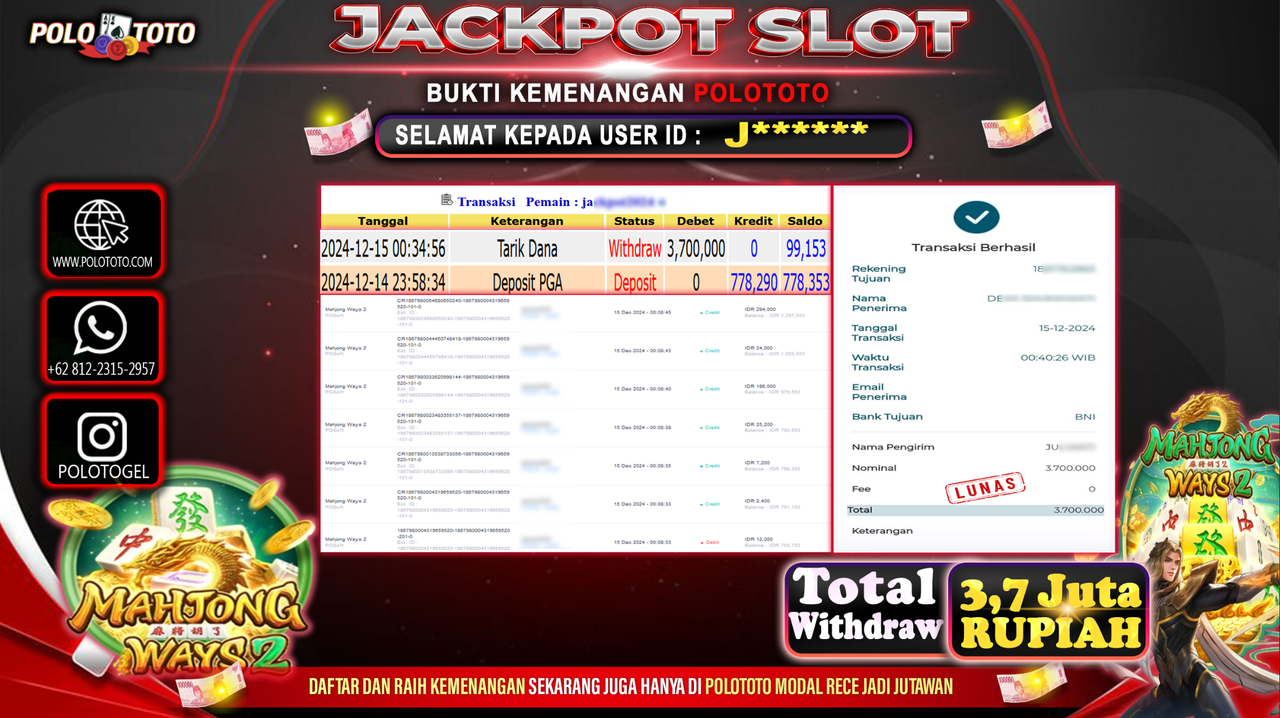 POLOTOTO JACKPOT SLOT MAHJONG WAYS 2 Rp.3,700.000,-