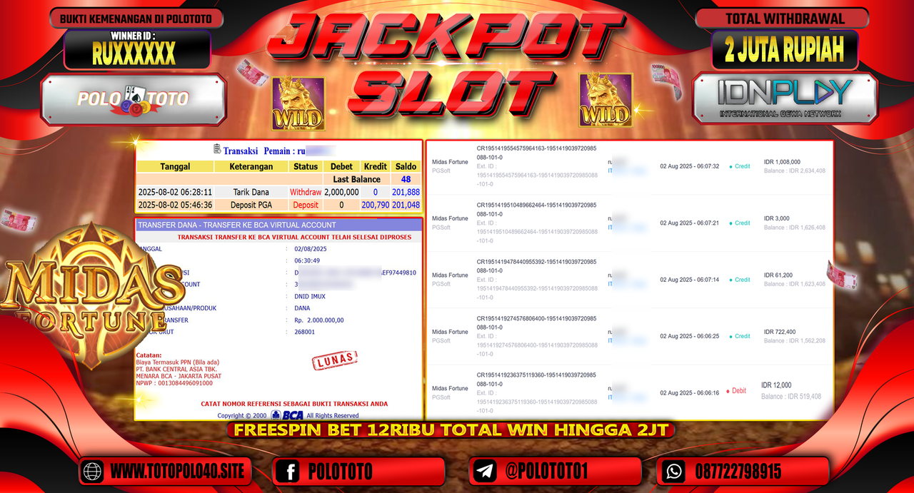 POLOTOTO JACKPOT SLOT MIDAS FORTUNE Rp.2.000.000,-LUNAS