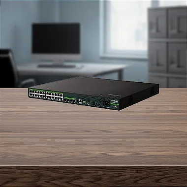 Painel frontal e LEDs do Switch Intelbras S3028G-PB Max.