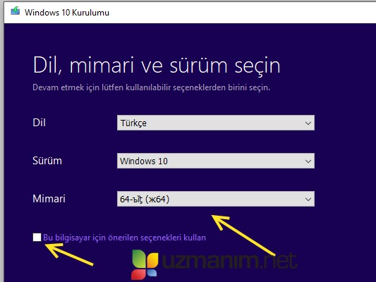 64 bit windows iso indirme mimari seçimi