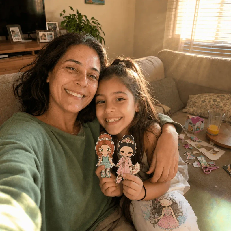 Mãe e filha brincando com bonecas de papel 2
