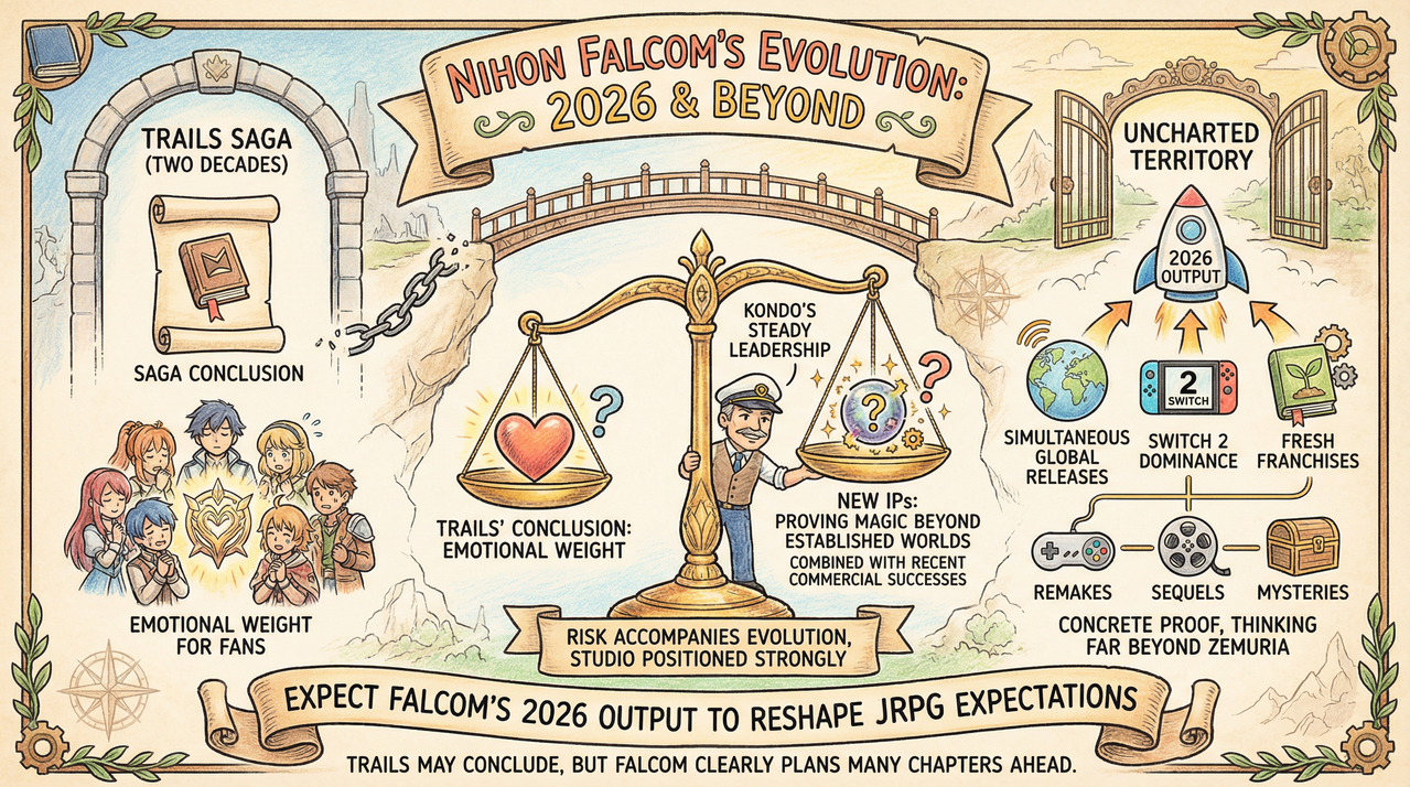 Nihon Falcom Plans Life After Trails: New IPs Coming While Finishing Legendary JRPG Series 1 person playing JRPG on handheld console with fantasy world on screen