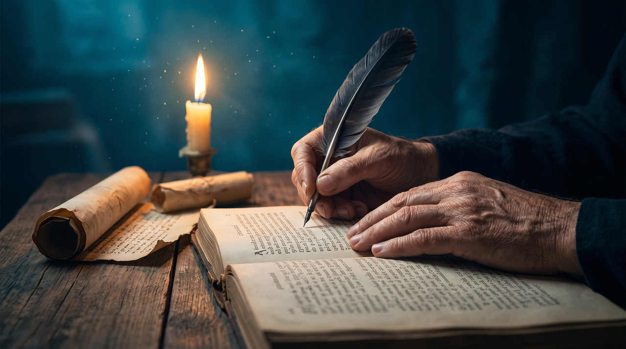 Manos redactando sobre manuscritos antiguos a la luz de una vela