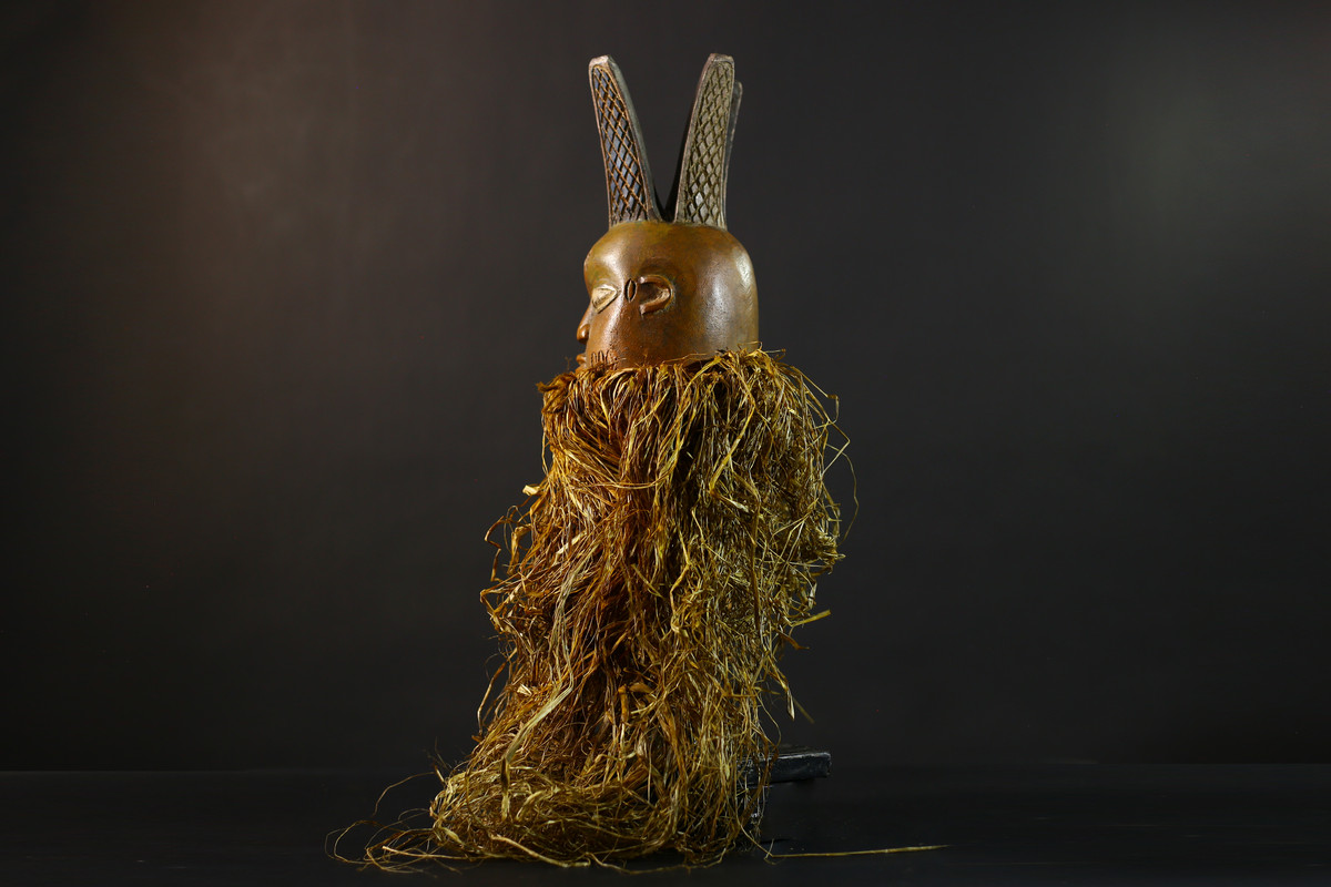 Mende Bondo African mask with raffia beard
