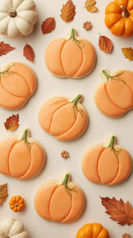 Flat lay de cookies Halloween citrouille _ cookies en forme de citrouilles, glaçage orange pastel et