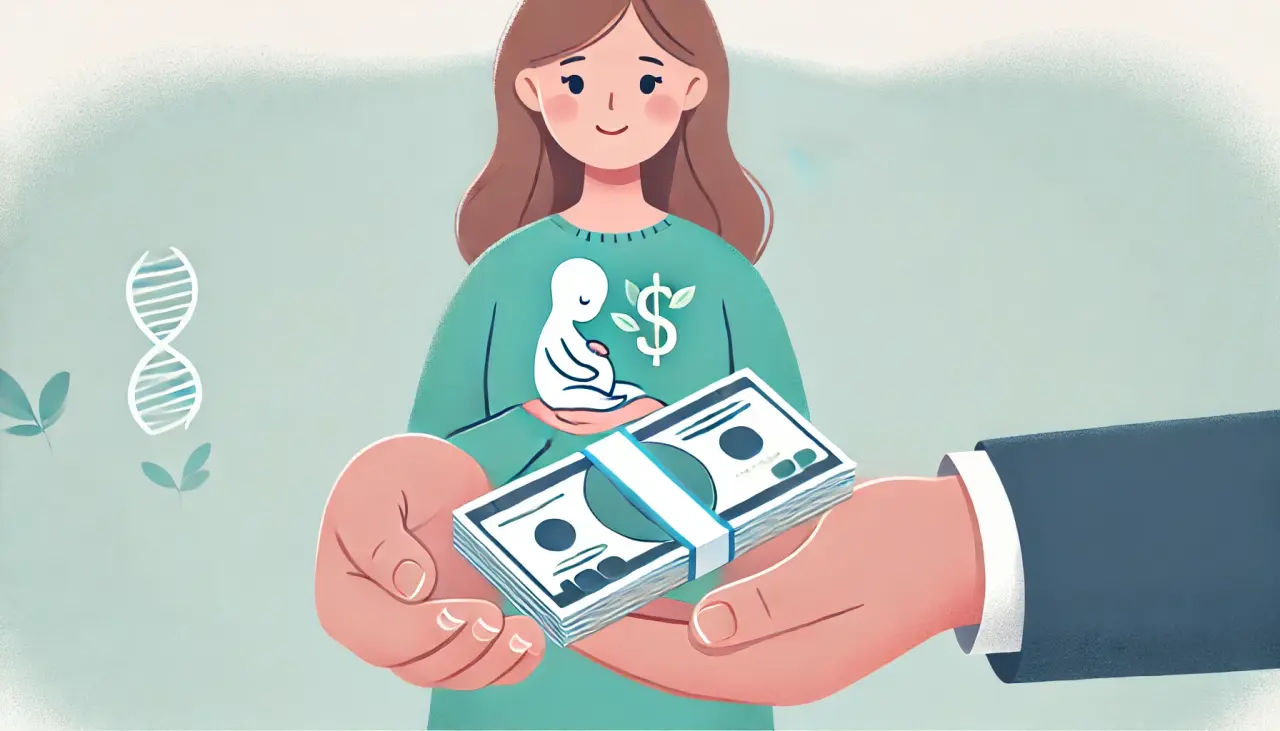 Illustration of a surrogate mother holding cash, symbolizing financial manipulation in surrogacy scams.