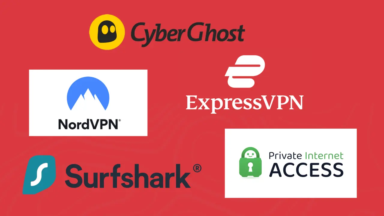 Logos of five popular VPN providers: CyberGhost, NordVPN, ExpressVPN, Surfshark, and Private Internet Access (PIA) on a red background.