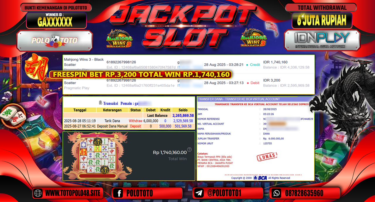 POLOTOTO JACKPOT SLOT MAHJONG WINS 3 - BKACK SCATTER Rp.6.000.000,- LUNAS