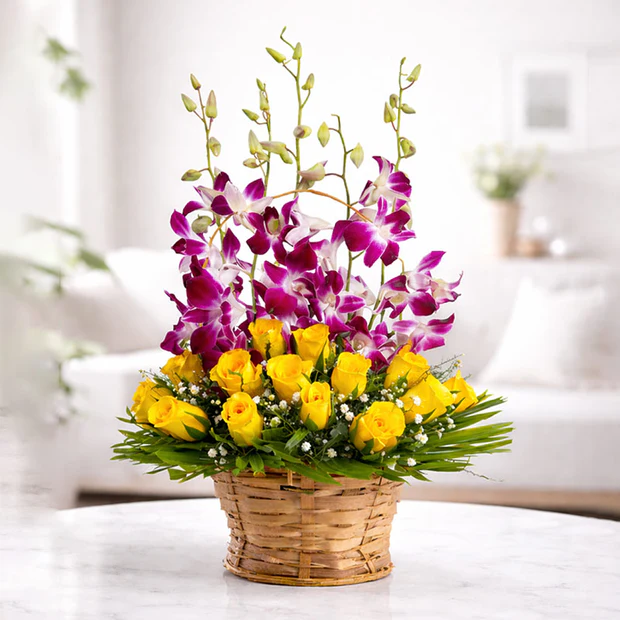 Basket Of yellow Roses With Orchid  Image