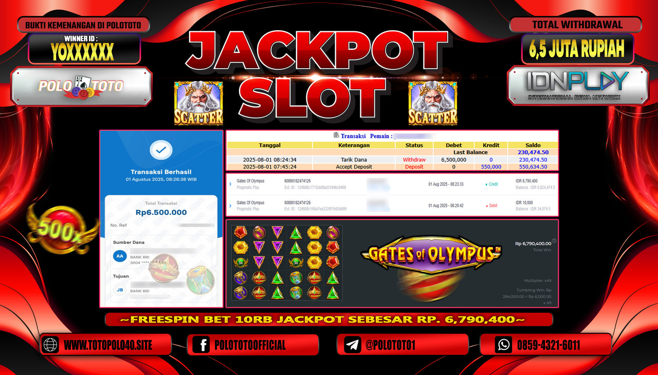 POLOTOTO JACKPOT SLOT GATES OF OLYMPUS Rp.6.500.000,-LUNAS