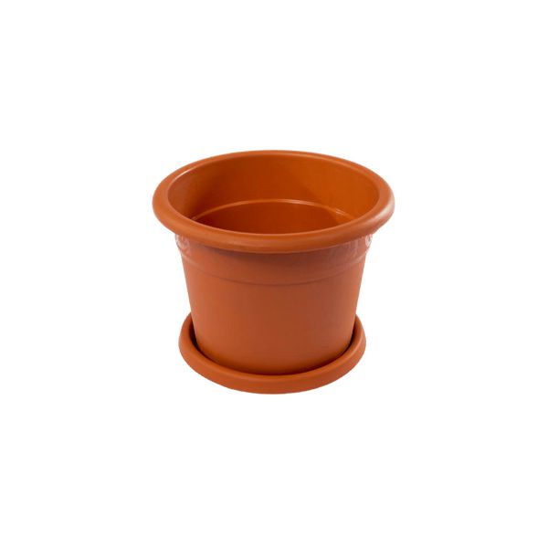 Ghiveci rotund cu tava si model,  Plastic, Maro, 23×18 cm - Ghivece pentru flori - Mercaton Store