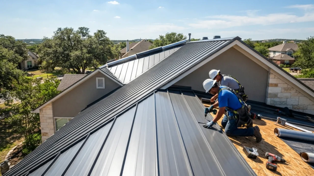 Metal roof installation on a San Antonio home showing standing seam panels