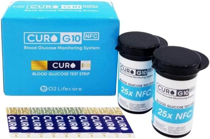 Caja de Tiras de Prueba de Glucosa CUROfit G10, mostrando dos viales de 50 tiras cada uno.