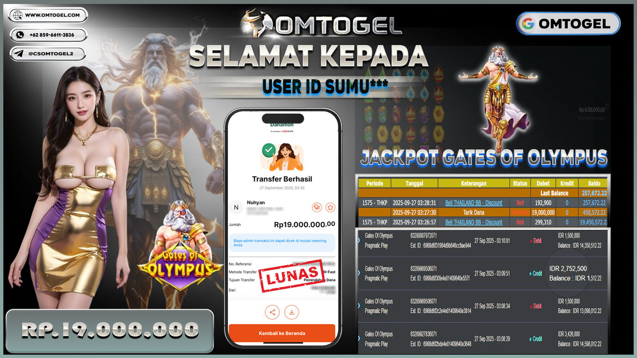 OMTOGEL JACKPOT PRAGMATIC PLAY GATES OF OLYMPUS 19 JUTA DI BAYAR LUNAS ,-