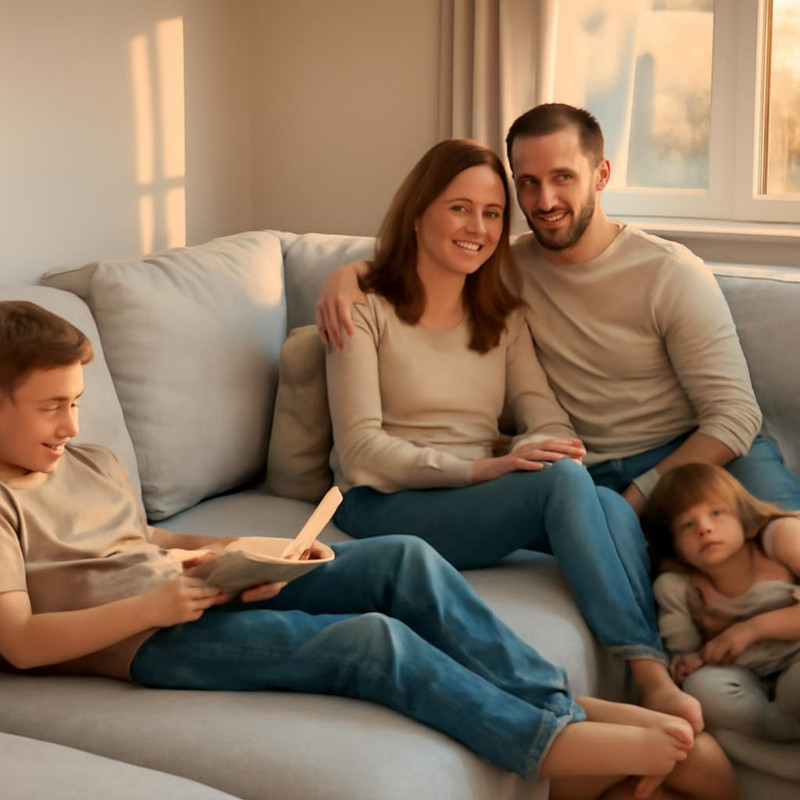 Семья отдыхает на чистом диване после химчистки