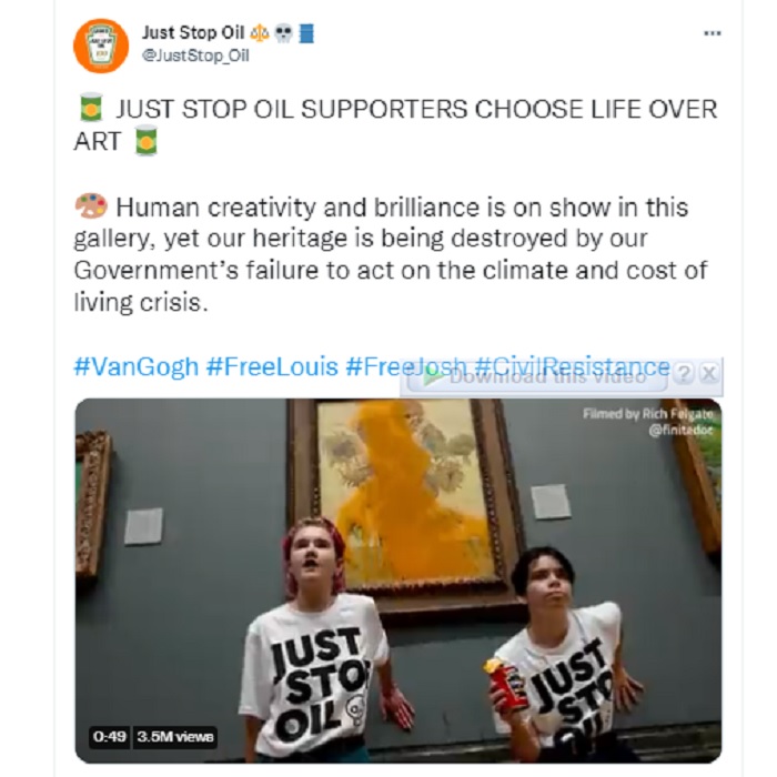 Lukisan populer karya Vincent van Gogh di Galeri Nasional London menjadi sasaran protes dua aktivis lingkungan pada Jumat (14/10/2022).