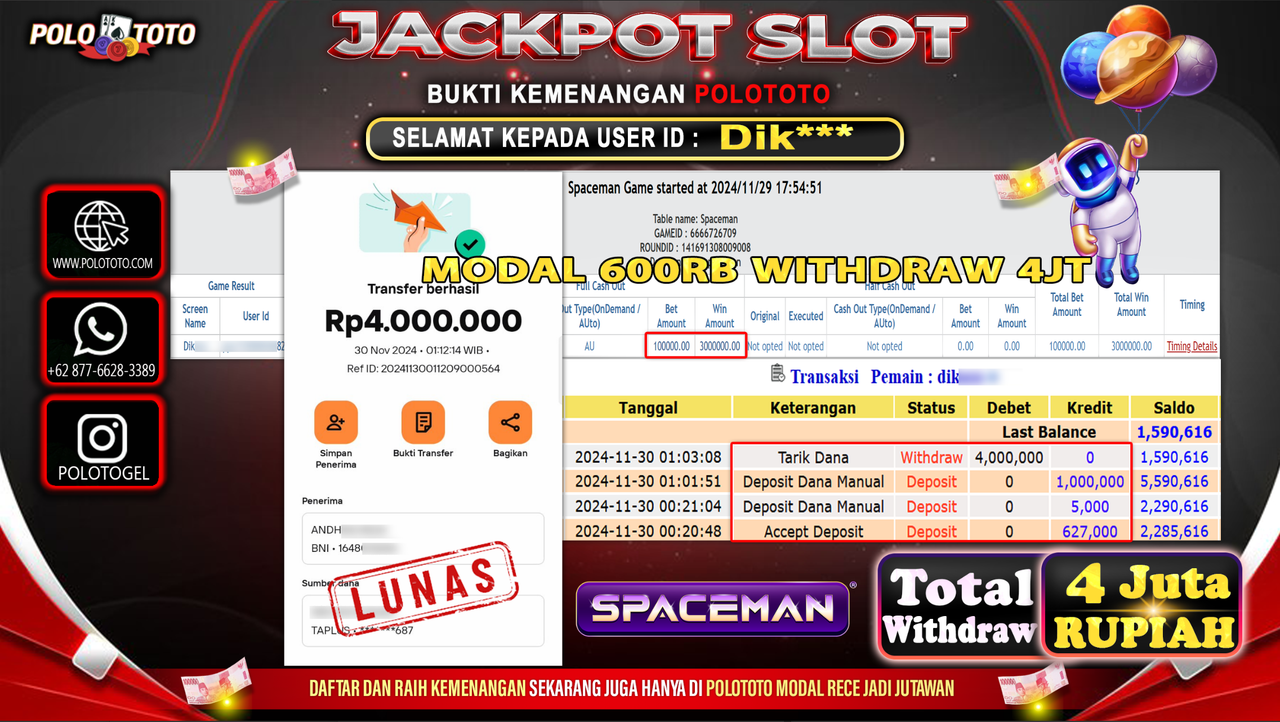 POLOTOTO JACKPOT LIVE GAME SPACEMAN Rp.4,000.000,-