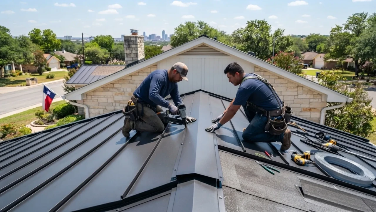 Metal roof installation on San Antonio home showing standing seam panels