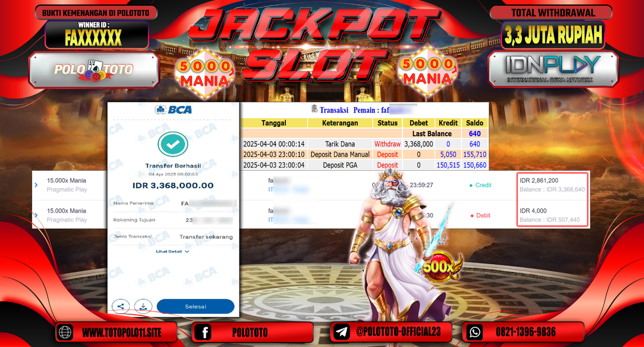 POLOTOTO JACKPOT SLOT 15.000X MANIA  Rp.3.300.000,- LUNAS