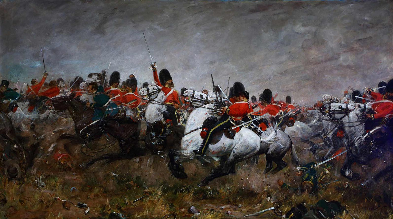 Crimea,Balaclava,Brigada Pesada,Scots Greys,Reúne a los grises, óleo sobre lienzo de Allan Stewart, 