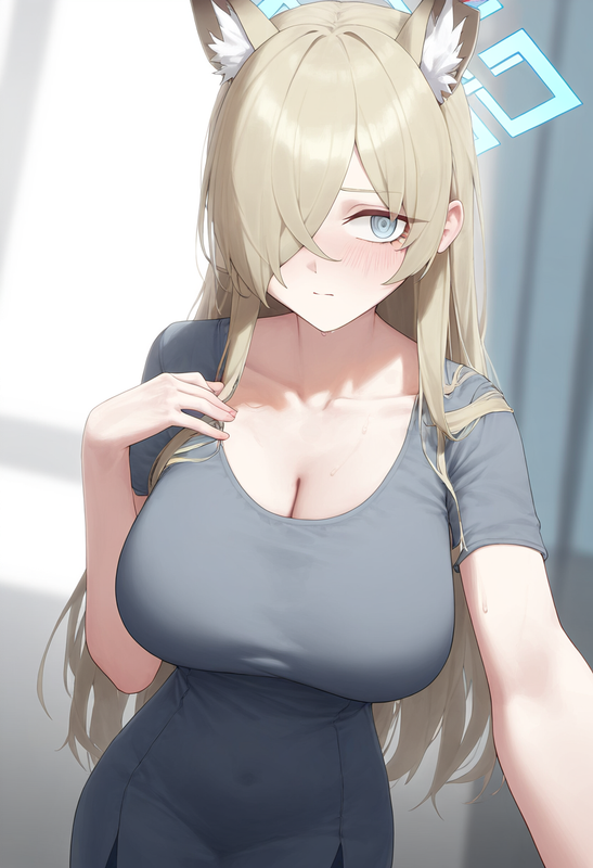 depth of field, 1girl, kanna (blue archive), collarbone cleavage, short sleeves, s-2408331528