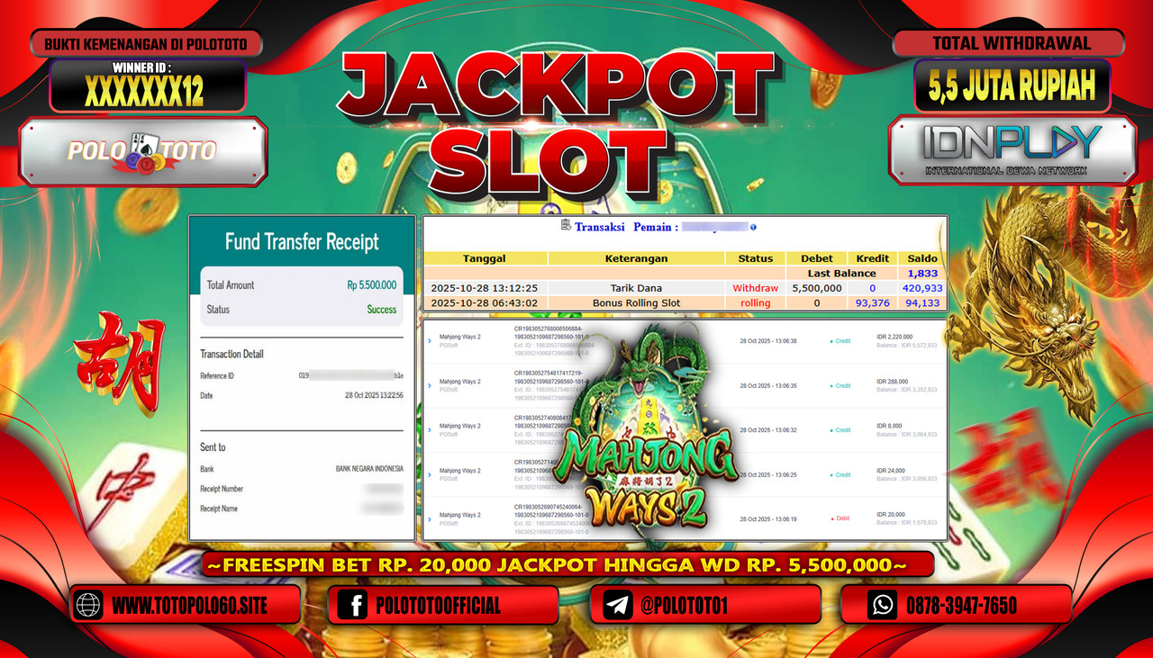 POLOTOTO JACKPOT SLOT MAHJONG WAYS 2 Rp.5.500.000,- LUNAS