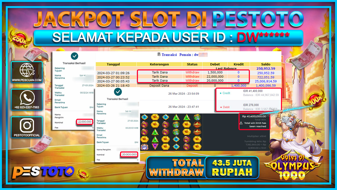 HANYA DI PESTOTO JP PASTI DI BAYAR LUNAS DAN CEPAT!!!!!! JP SLOT{  GATES OF OLYMPUS 1000} Rp.43.500.000 !!!!!