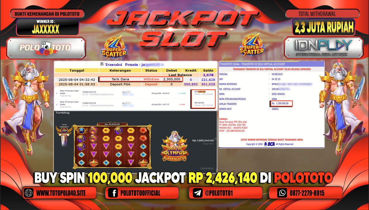 POLOTOTO JACKPOT SLOT GATES OF OLYMPUS SUPER SCATTER Rp.2.300.000,-LUNAS