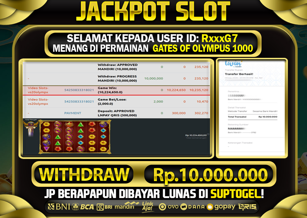  BUKTI KEMENANGAN 8 AGUSTUS 2025 MENANG DI PERMAINAN GATES OF OLYMPUS 1000  TOTAL WD 10 JUTA