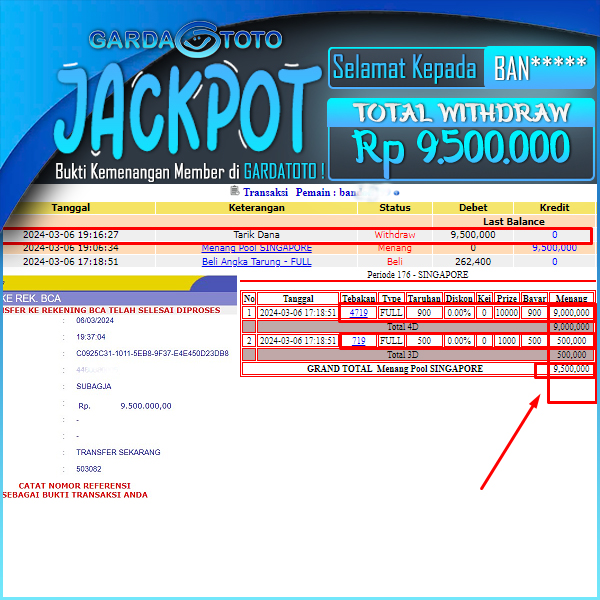 JACKPOT TOGEL DI PASARAN SINGAPORE WD Rp 9.500.000,- DIBAYAR LUNAS
