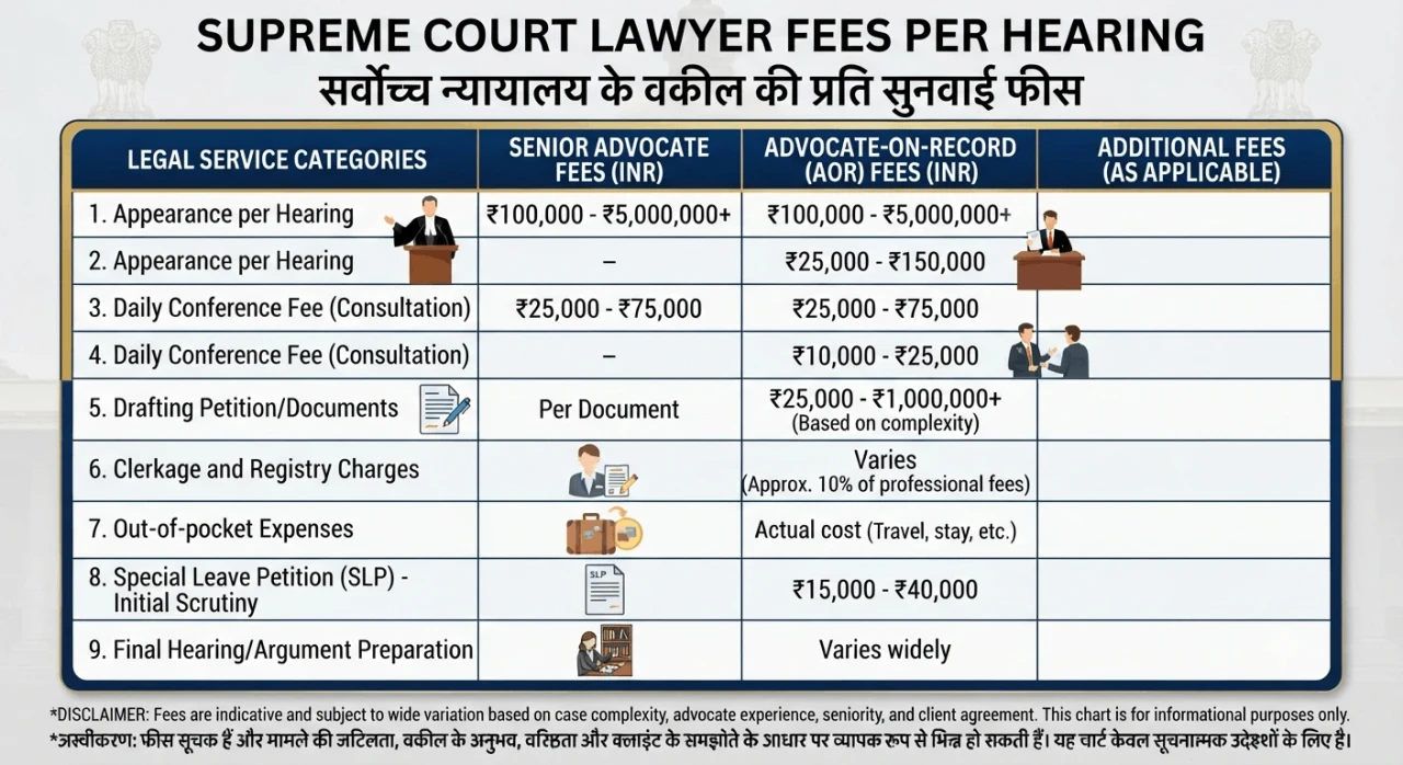 Supreme Court Lawyer Fees Per Hearing: Charges, AOR Fees and Legal Costs