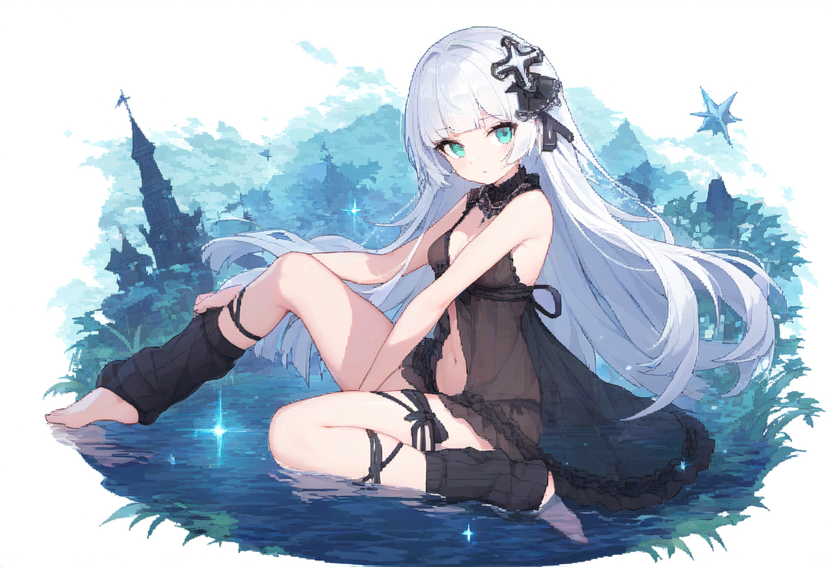 1girl, striped background, aqua eyes, long hair, hime cut, white hair, short ban s-1135730474