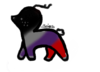 A small cartoon icon of a deer-like creature with black, red, purple, and grey striped coloration, the colors of the emosexual pride flag.