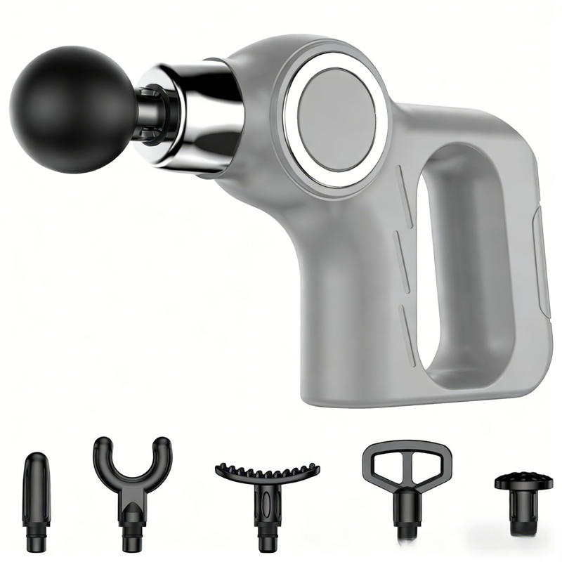 Grey Portable Mini Triangle Massage Gun with 6 Heads & 6 Speed Setting - High Frequency Muscle Stimulator for Professional Fitness (LCD Model)
