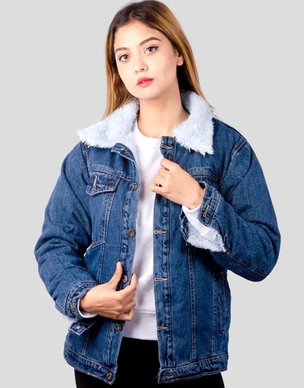 Unisex Fur-Lined Denim Jacket – Warm Winter Jean Coat, M-L.