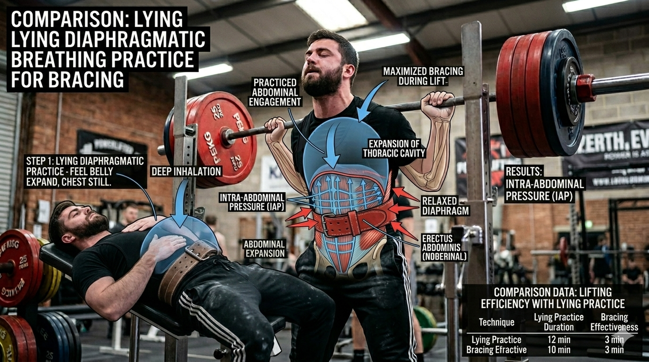Person lying down practicing diaphragmatic belly breathing for correct breathing techniques during heavy lifting