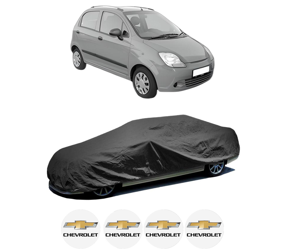 Husa tip prelata auto pentru CHEVROLET SPARK din 2005-2010, Culoare Negru, material textil impermeabil, rezistanta la intemperii praf UV, CARPASSION Husa Protectie, 4 Stickere auto cu CHEVROLET