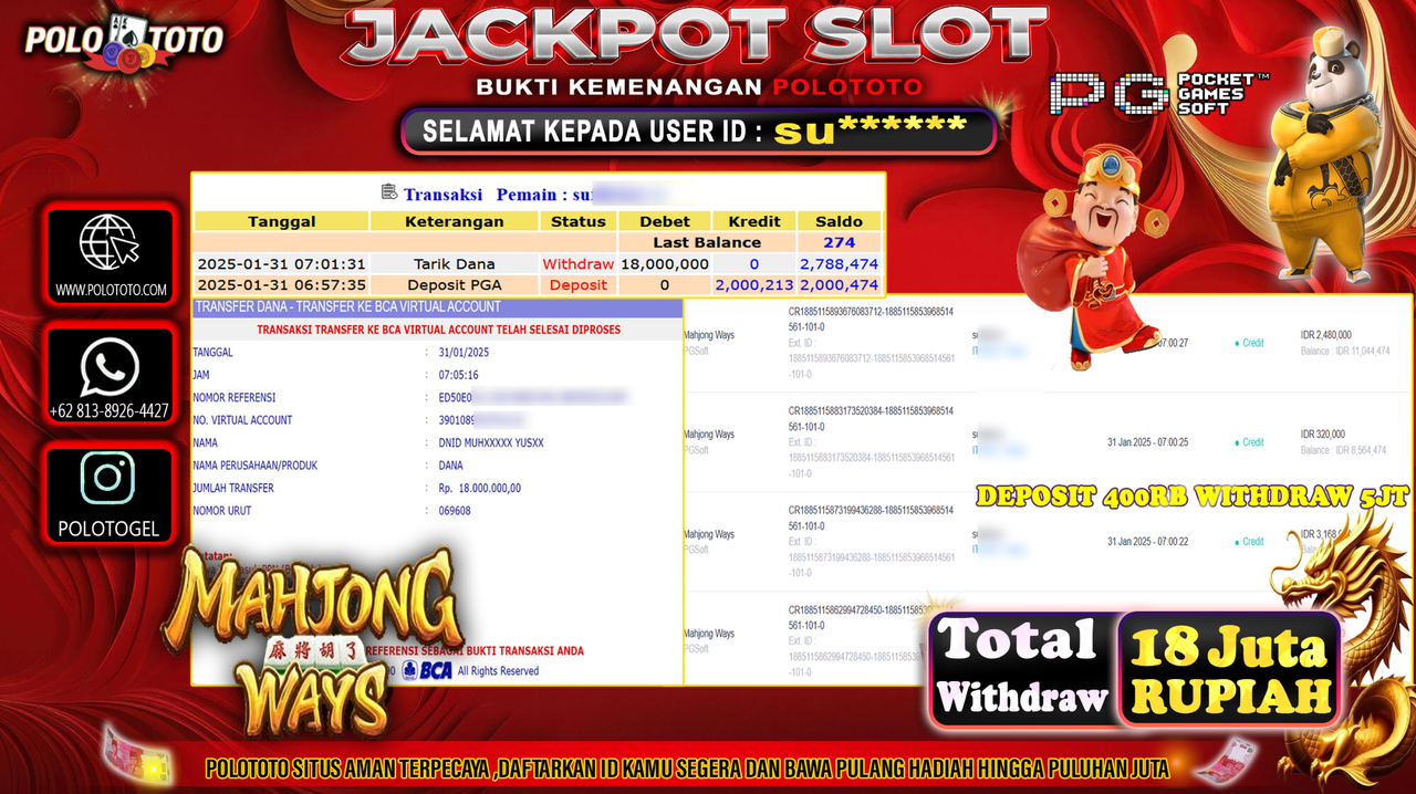 POLOTOTO JACKPOT SLOT MAHJONG WAYS Rp.18,000.000,-