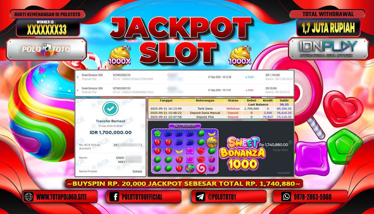 POLOTOTO JACKPOT SLOT SWEET BONANZA 1000 Rp.1.700.000,- LUNAS