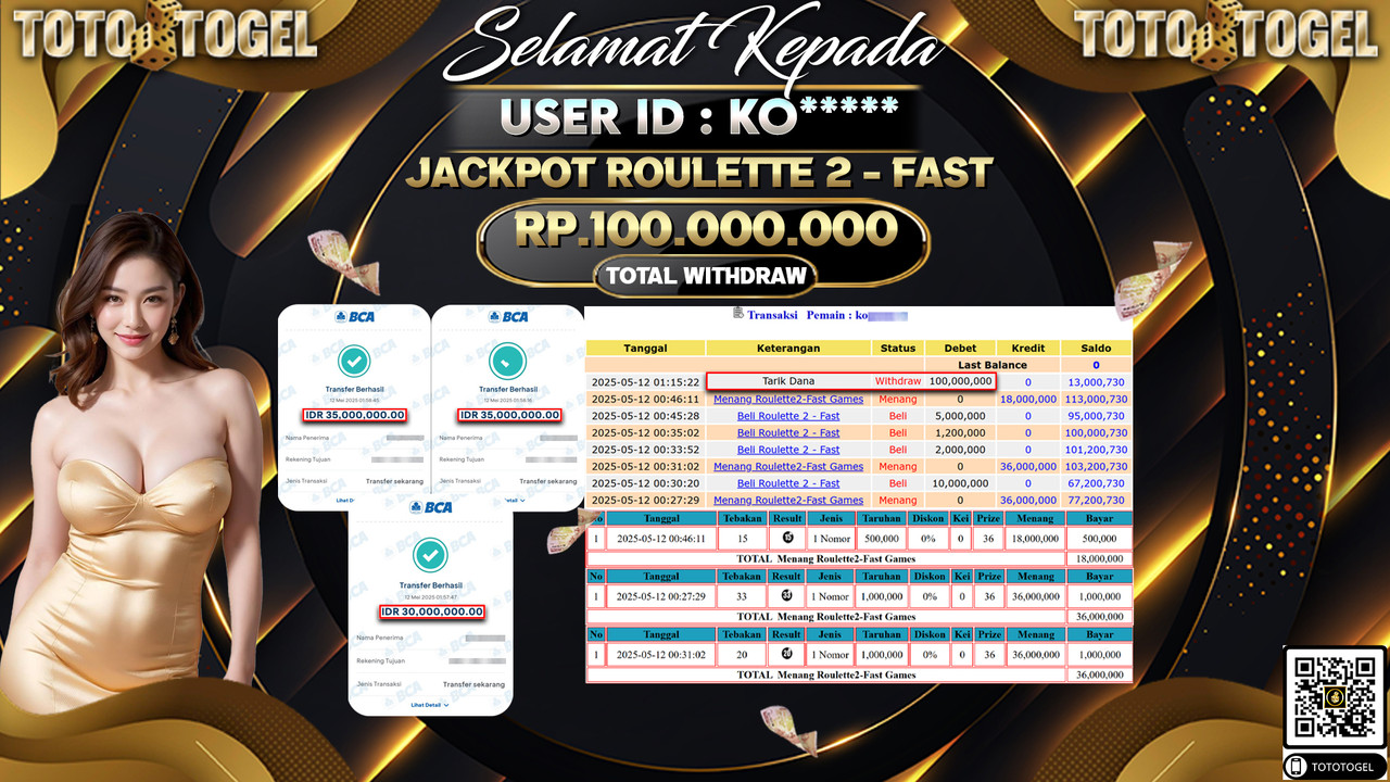 Bukti Pembayaran Jackpot  Permainan Live Game Roulette 2 - Fast ID:KO***** LUNAS