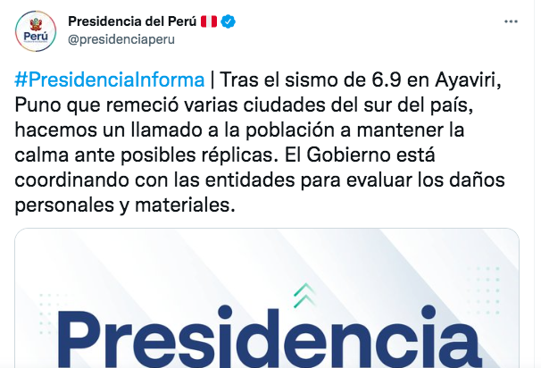 Fuerte sismo sacude al sur del Perú; no se reportan daños