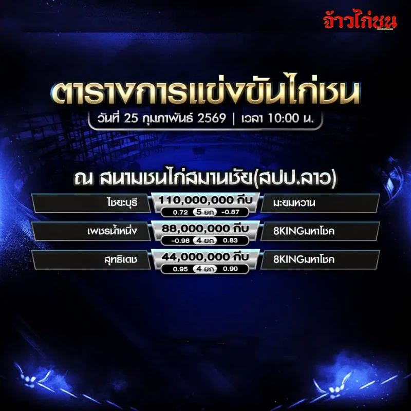 โปรแกรมไก่ชน สนามชนไก่สมานชัย 25 กุมภาพันธ์ 2569 ใบโปรแกรมตารางชน 3 คู่ เงินรางวัล 110 88 44 ล้านกีบ