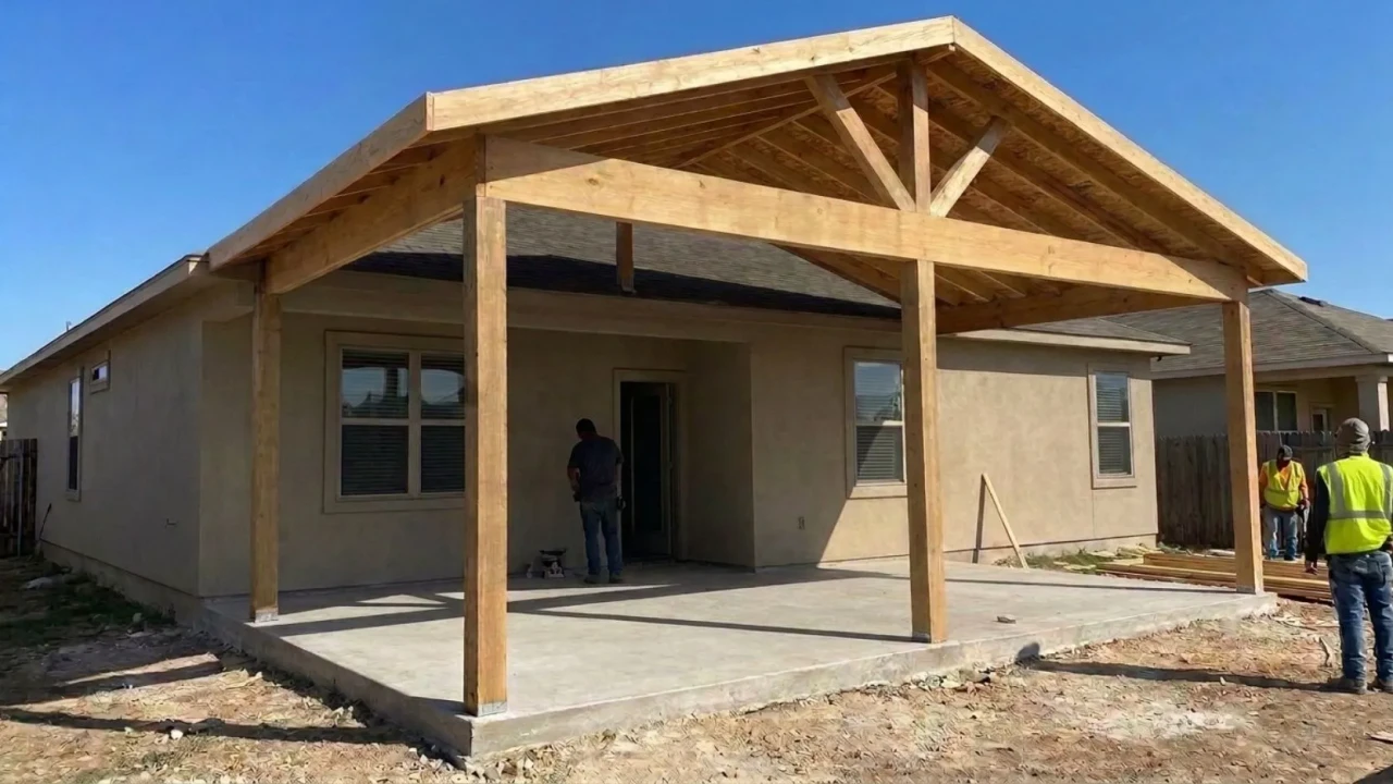 Covered patio structure attached to a San Antonio home over a concrete slab — a patio cover over 300 square feet or attached to the house requires a Residential Improvements permit from the City of San Antonio Development Services Department