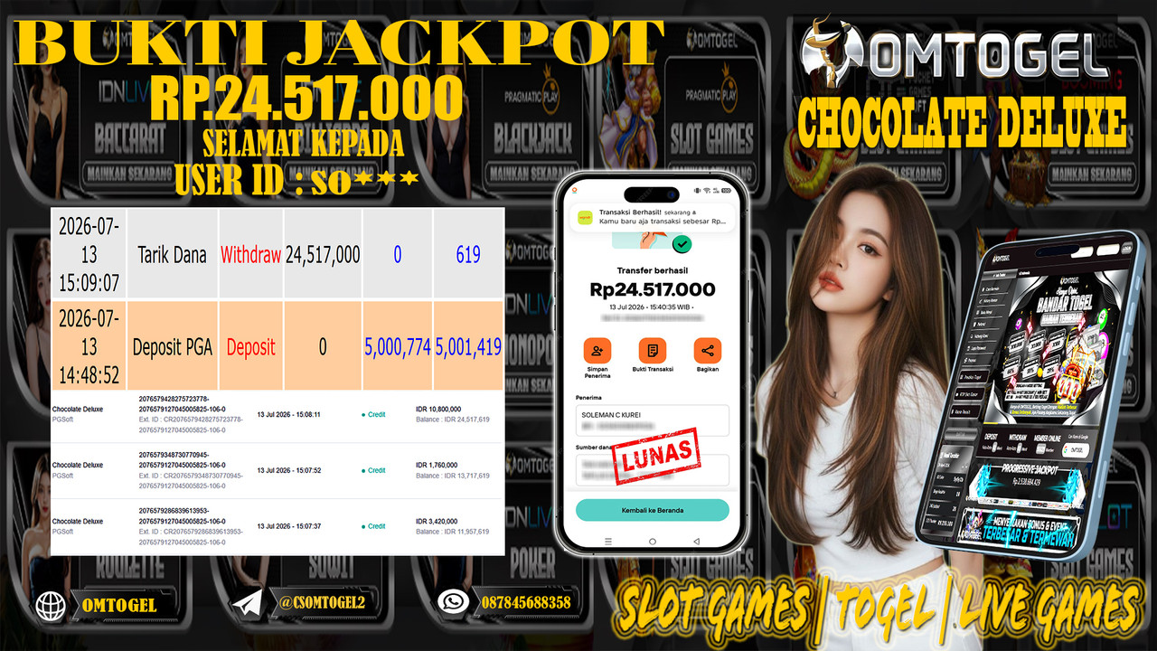 OMTOGEL JACKPOT PG SOFT CHOCOLATE DELUXE 1000 Rp.24,517,000,- DIBAYAR LUNAS